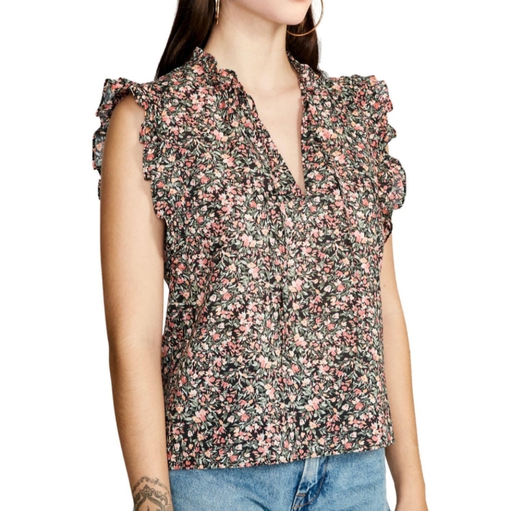 BB Dakota Steve Madden ditsy floral ruffled shoulders sleeveless button-down top